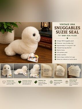 Vintage 1984 Snuggables Suzie White Baby Seal Plush‎ 7.5” Heartline Korea W Tags